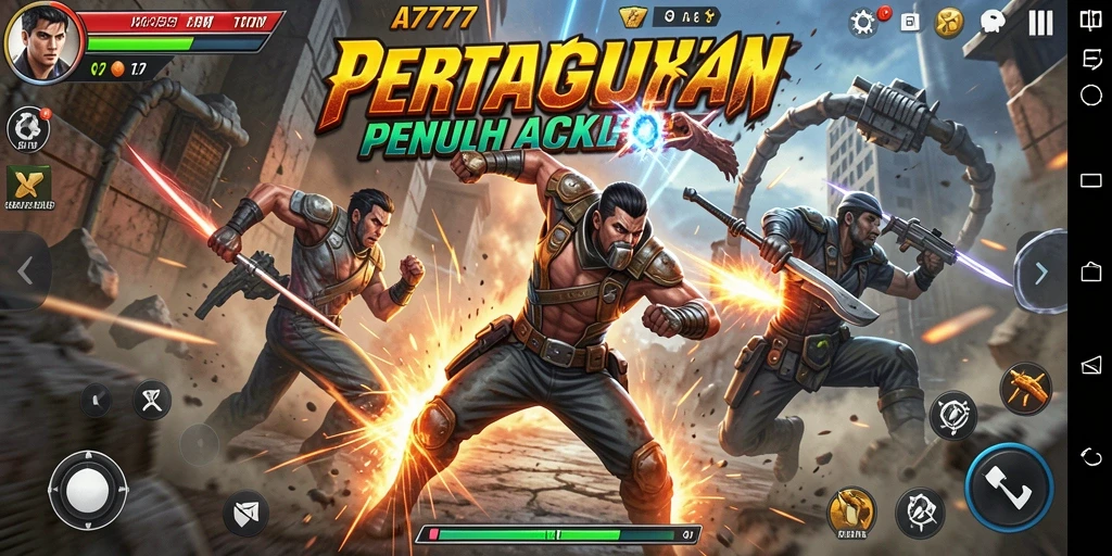 Screenshot A7777 menunjukkan pertarungan seru dan karakter yang dinamis.
