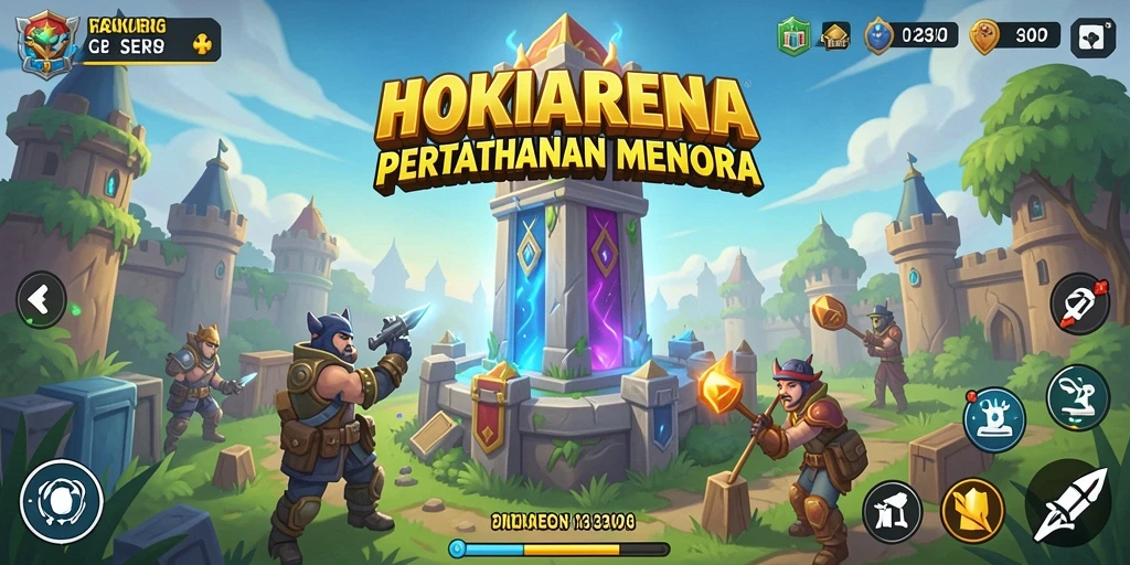 Screenshot HOKIARENA menunjukkan intensitas pertempuran Tower Defense.