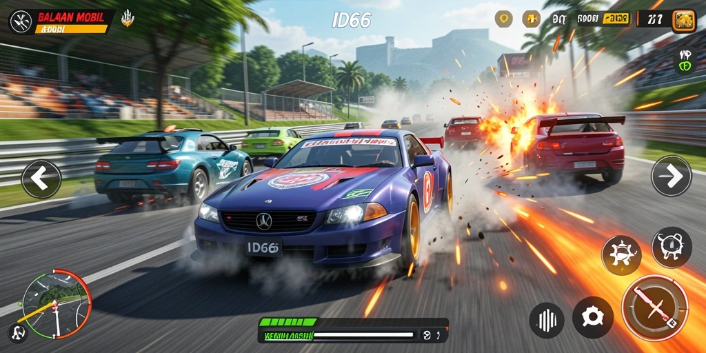 Gameplay balapan ID66 dengan mobil-mobil cepat dan trek yang menantang.