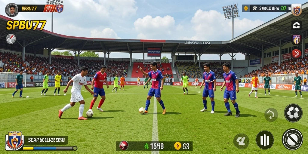 Screenshot gameplay SPBU77 menampilkan pertandingan sepak bola yang seru.